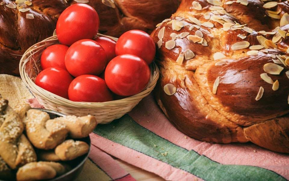 Traditional Cypriot bread, red eggs and koulourakia